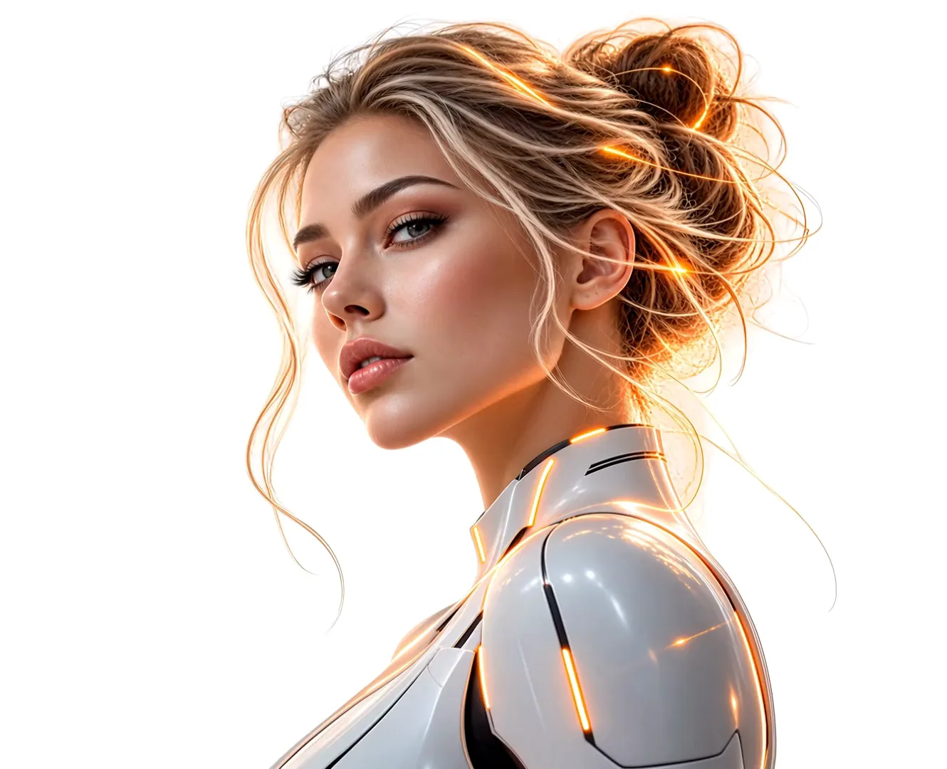 AI-generated portrait of a woman in a white cybernetic suit traced with glowing amber light